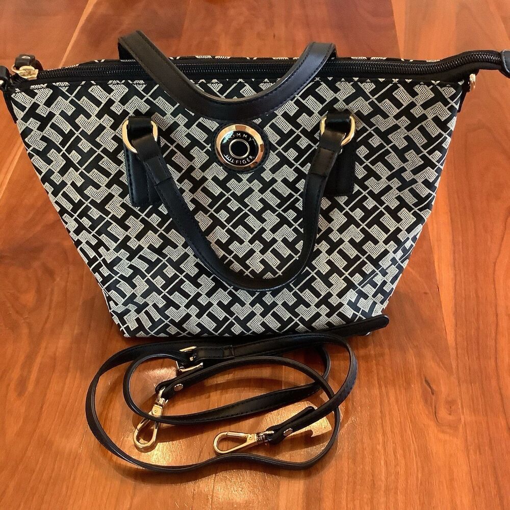 Tommy Hilfiger Tote Bag Women Medium Black Monogram Jacquard Satchel Handbag